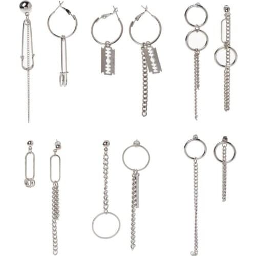 Asymmetric Tassel Chain Safety Pin Dangle Drop Earring Kpop Korean Jewelry Dropshipping