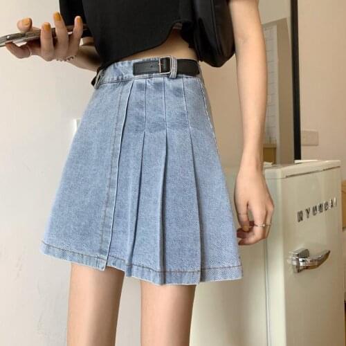 Irregular Pleated Skirt Women Summer New High Waist Denim Skirt Female Student A-line Black Midi Skirt
