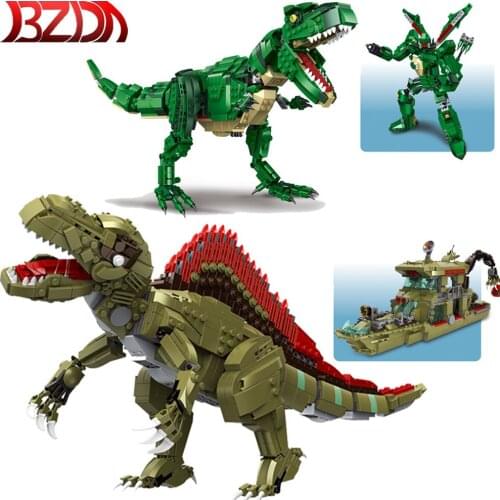 BZDA Indominus Rex Jurassic Park Dinosaur Building Blocks Dinosaur World Transforming Mecha Ship Model Bricks Toys For Boys