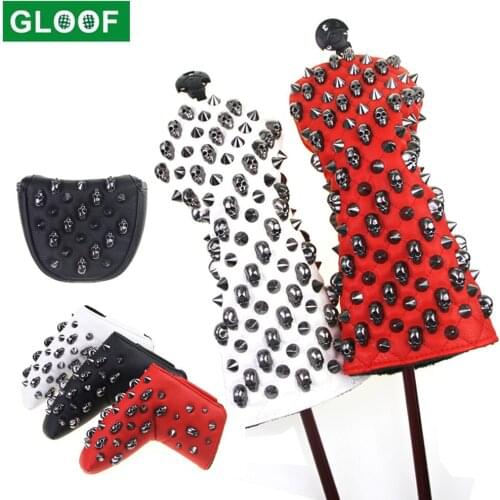 Golf Head Cover for Driver Fairways#1#3 #5 UT Hybrids PU Leather Skull Rivets Golf Club Head Protector White Black