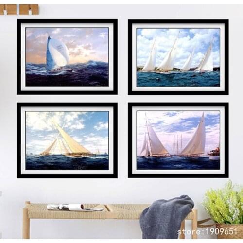 Cotton no frame classical white ship seascape canvas printings oil painting printed on cotton home wall art decoration picture