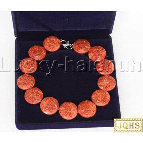 JQHS AAA 100% natural 19" 33mm coin pizza two-sided carved red sponge coral Beaded Strand knotted necklace j11879