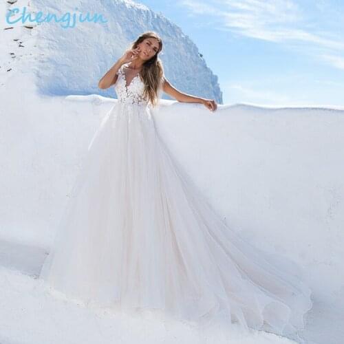 Chengjun Scoop Short sleeve Lace A Line Tulle Beach Wedding Dress