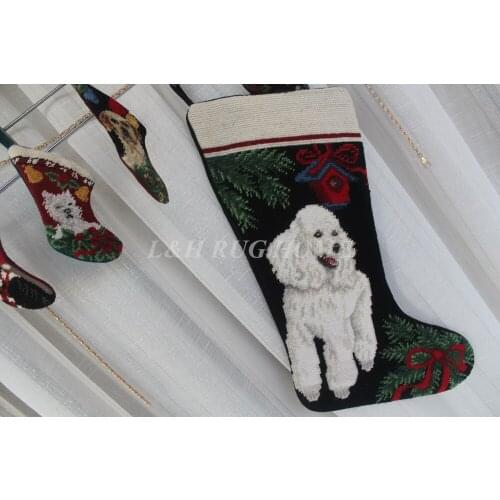 Free Shipping Christmas Needlepoint Socks Hand knotted Merry Christmas Stocking Sock Cute Dogs Design Stocking Socks 28X43CM