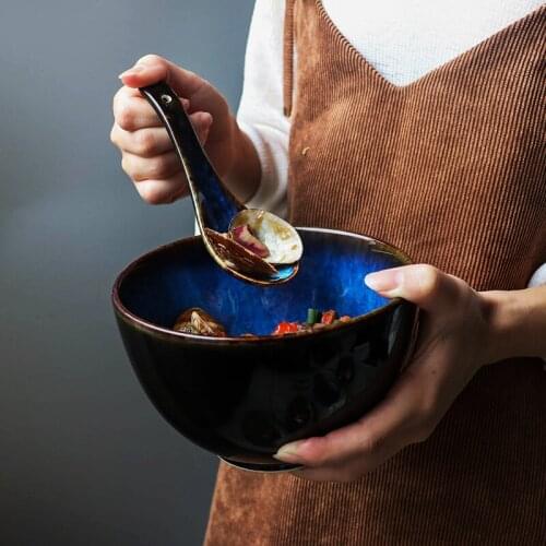 Guopin Creative Ceramic Salad Bowl Home Rice Soup Bowl Japanese Retro Tableware Restaurant Bowl Spoon