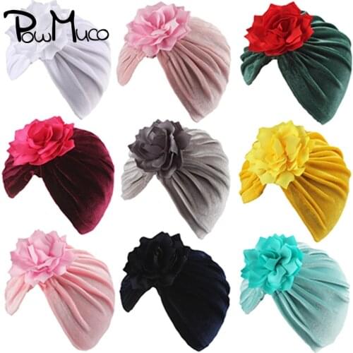 Powmuco Autumn and Winter Soft Warm Gold Velvet Infant Hats Solid Color Handmade Lotus Children Caps Sweet Baby Hair Accessories