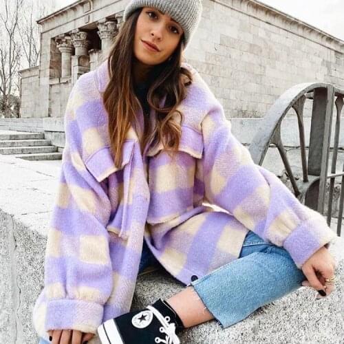 Purple Plaid Wollen Blends BF Style Loose Pocket Outerwear Coat winter coat woman parkas