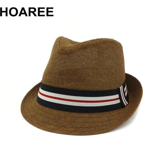 HOAREE Straw Trilby Hat Summer Women Straw Fedora British Style Jazz Cap Beach Porkpie Female Casual 2021 Brand New Beach Hat