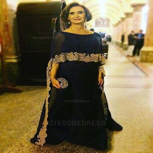 Dark Navy Mother of the Bride Dresses with Cap Gold Applique Floor Length 2019 Plus Size Evening Gowns Mother of the Groom