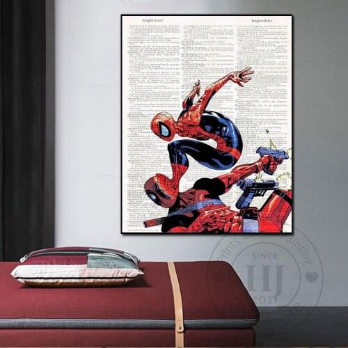 Marvel Superhero Spider Man Battle Deadpool Prints Canvas Painting Avengers Funny Poster For Home Room Desk Wall Decor Frameless