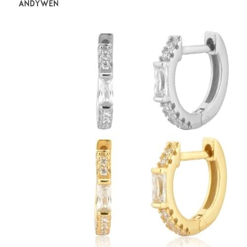 ANDYWEN 100% 925 Sterling Silver Gold 8mm Piercing Hoops Huggies Women One Zircon Luxury 2020 Rock Punk Fashion Jewelry Gift