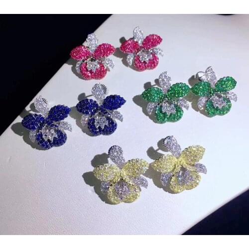 Romantic orchid flower stud earring 925 sterling silver with cubic zircon green yellow blue rose red color fine women jewelry