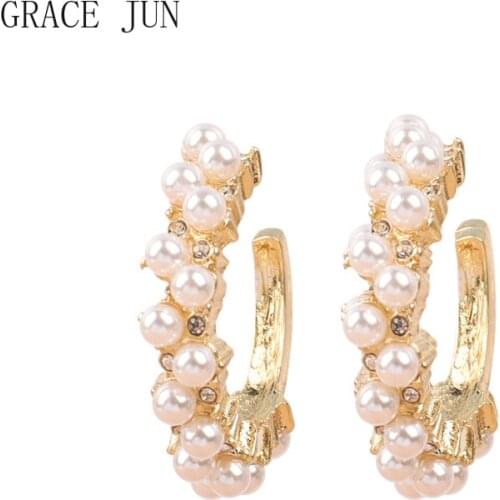 GRACE JUN 2021 Hot Selling C Shape Stud Clip on Earrings Women Fashion Statement Faux Pearl Hoop Cuff Earrings Korean Earrings