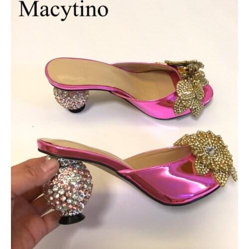 Hot pink leather slides summer stylish beading ball heel dress mules flower decor peeo toe party shoes women