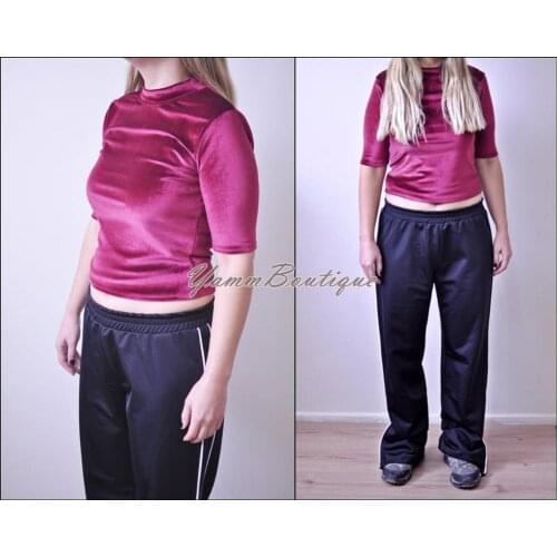 Women Velvet Crop Top with Mock Neck / Turtle Neck Tight Top
