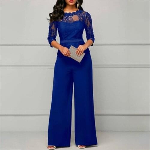 2021 Spring Autumn New Style Women 2 Pcs Pant Sets 3/4 Sleeve Solid Color Lace Top O-neck + Long Pant Formal Wear Casual Sets