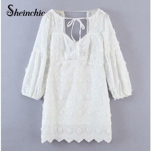 Elegant White Lace Floral Embroidery Dresses for Women Spring Summer 2021 Long Sleeve Mini Dress Vestido Casual
