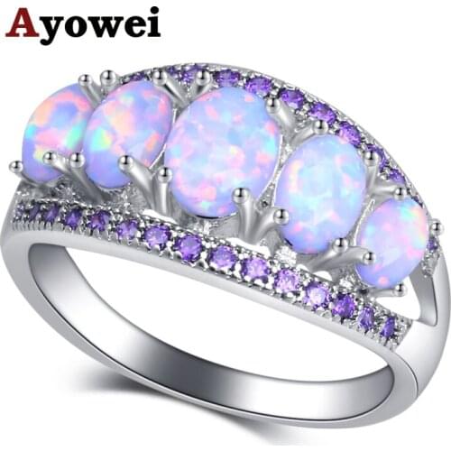 Ayowei Dinner gift White Fire Opal Purple crystal Fashion Jewelry for Women silver color Rings USA Size#6#7#8#9##10 OR903A