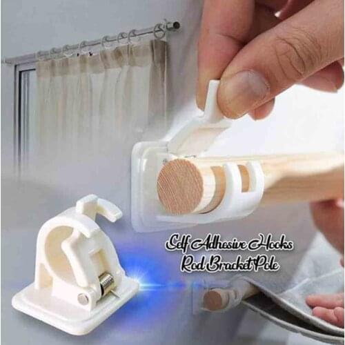 2 Pcs White Hanging Rod Clip Adhesive Wall Curtain Hanging Rod Clamp Hooks Shower Curtain Rod Fixed Clip Hanging Rack Hook