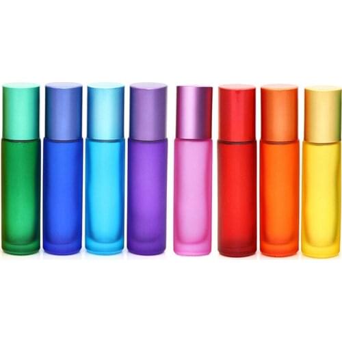 20pcs 10ml Portable Frosted Colorful Thick Glass Roller Essential Oil Perfume Bottles Travel Refillable Rollerball Bottle