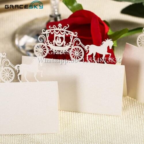 50pcs laser cutting prince & princess in carrige Table Name Place Seat Paper Wedding Invitation Cards for Party Table Decoration