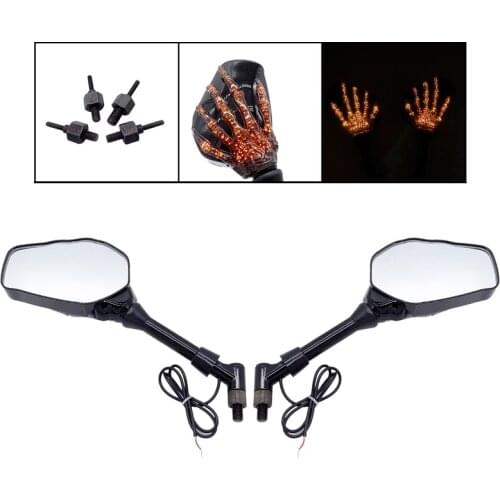 2 Pcs Motorcycle Side Mirror 12V LED Signal Lights Custom Shape Skull Hand Claw Skeleton Universal Rear View For Most Motobike