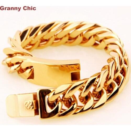 Granny Chic Mens 17mm Fashion New Hip Hop Style Gold Color Stainless Steel Heavy Wide Link Chain Bracelet 8.66"