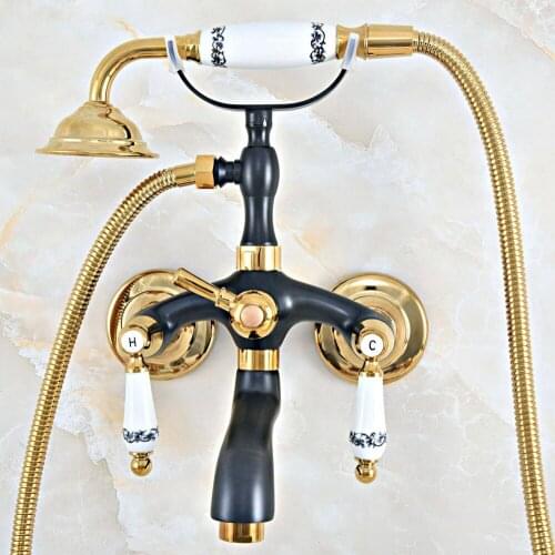Black Gold Color Brass Wall Mount Bathroom Tub Faucet Dual Ceramic Levers Telephone Style Hand Shower Clawfoot Tub Filler ana442