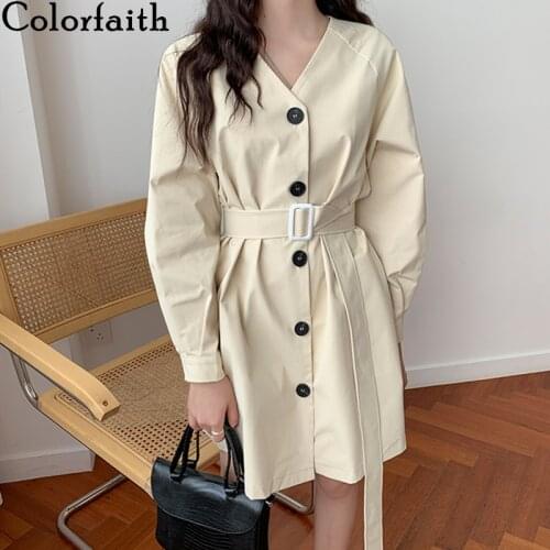 Colorfaith New 2021 Womens Autumn Winter Dresses V-Neck Vintage Korean Lace Up Pure Fashionable Elegant Lady Mini Dress DR0126