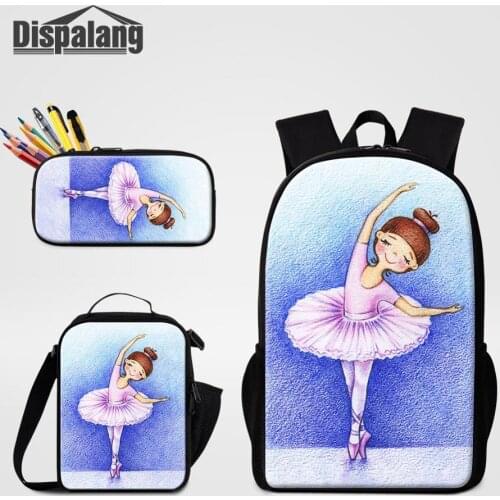 Dispalang Ballet Printing School Backpack With Pencil Case Food Bags For Student 3 PCS Bags Set Girls Bookbag Messenger Lunchbag