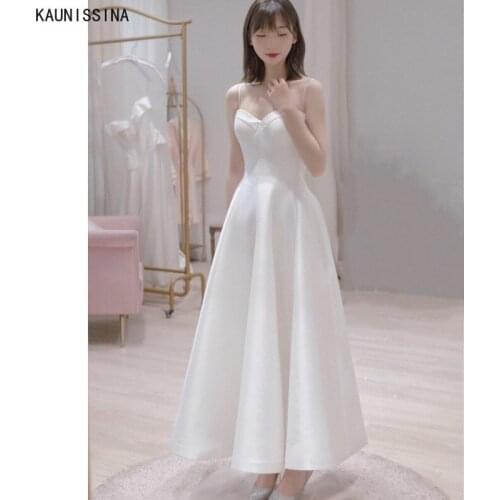 KAUNISSINA Elegant Soft Satin Wedding Dresses Sweetheart Spaghetti Straps A Line Pockets White Bridal Gowns Vestido De Noiva