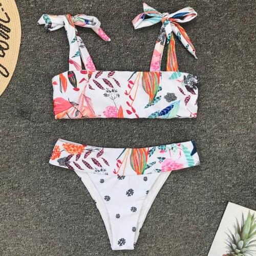 Bandeau Print Bikini Sets Sexy Padded Tank Top Mid-waisted Swimsuit Two Pieces Swimwear Women Beach Bathing Suit Monokini