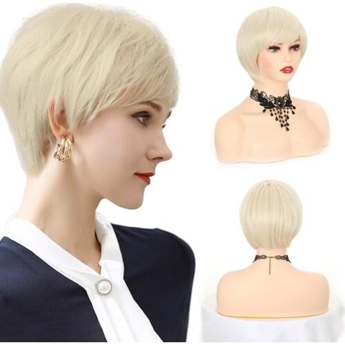 Short Blonde Wig Straight Bob Hairstyle With Pixie Cut Side Bangs Puffy Natural Straight 12 Inch Fiber Synthetic Wigs For Women