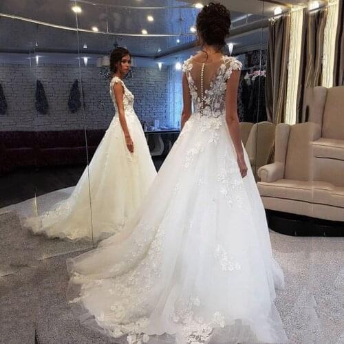 Fashion Cap Sleeve Illusion neckline Wedding Dress with Appliques A-Line Tulle vestido de casamento Bridal Dress