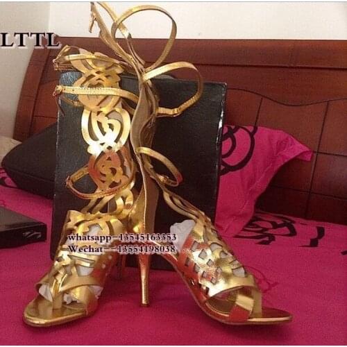 Fashion sexy Gold Graphic Gladiator Sandal Boots High Heel Cut-out Knee High Women Dress Shoes Designer Clip-toe sandal Boots