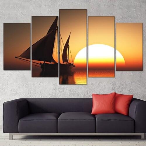 Wall Art Canvas Painting Modular Pictures Modern Framework HD Printed 5 Piece Sun Sea Ship Scenery Home Decor Living Room Decor