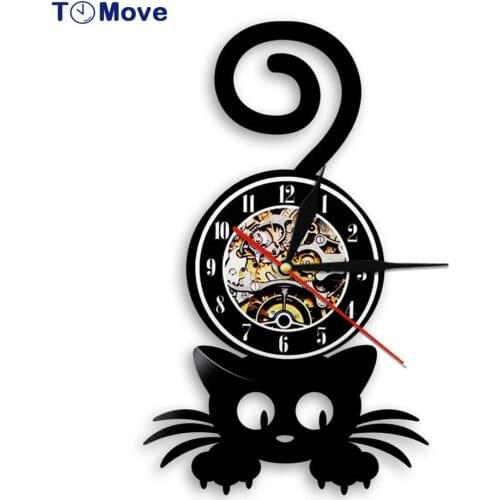 At With Funny Tail Vinyl Record Wall Clock Crazy Cat Lady Wall Clock Battery Operated 12 Inch Cat Pet Lover Gift Home Decor