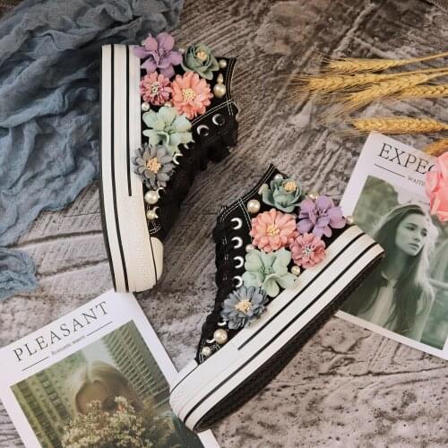 Autumn new style thick-soled muffin high-top lace-up canvas shoes womens retro large size sneakers with flowers