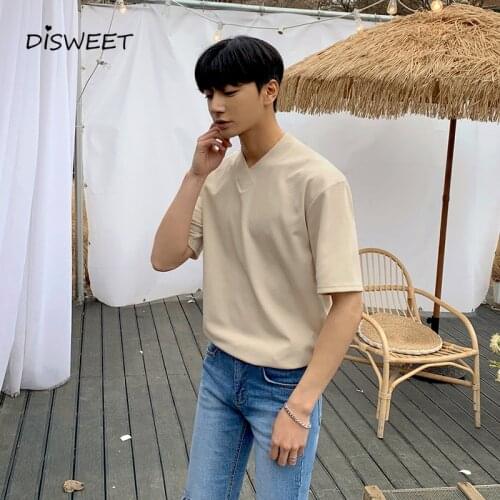 V-neck Solid Color T-shirt Men Summer Loose Half Korean Tees Boy Simple Slim Cotton Slim Mens Top 2020