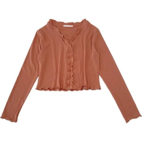 Autumn new style Korean thin style short section cardigan wood ears T-shirt
