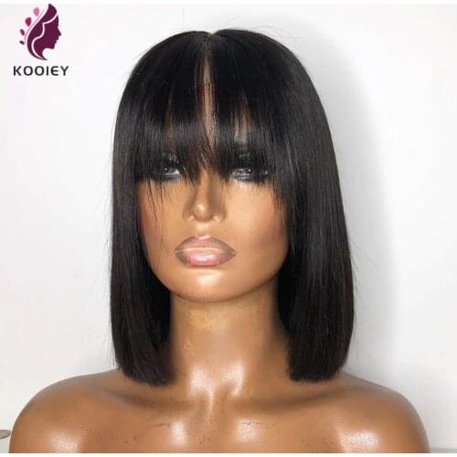 Bang Wig Human Hair Short Bob Human Hair Wigs Straight Lace Front Wig Fringe V 13x4 Lace Frontal Wig Peruvian Remy 130% Density