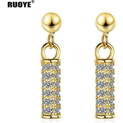 925 Sterling Silver Crystal Earrings Gold Cylinder Design Earring For Women Fashion Jewelry New