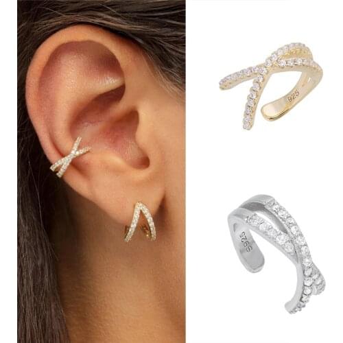 GS Cross Ear Cuff Non Pierced Earrings for Women 925 Sterling Silver Micro Pave CZ Small Clip on Earrings Cartilage Jewelry