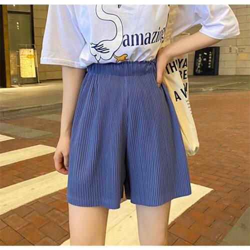 Streetwear Womens Fashion Casual Shorts High Waist Folds Wide Leg Pants Blue Gray Rose lavender Shorts Hot Sale 2021 summer