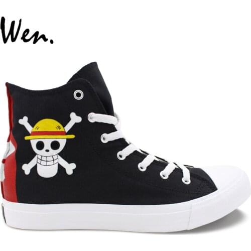 Wen Boys Girls Black Shoes Design Hand Painted Anime One Piece Jolly Roger High Top Unisex Canvas Sneakers Skateboard