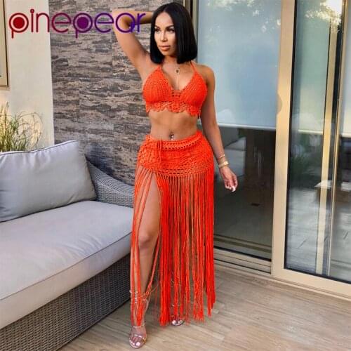 PinePear Crochet Knitted Tassel Sexy Crop Top and Skirt 2 Piece Sets Womens Outfits Summer Beach Dress Matching Sets Wholesale