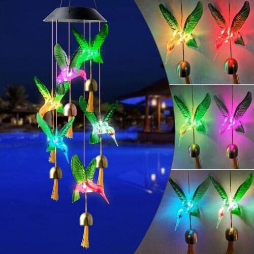 Green Hummingbird Solar Wind Chime Bell Wind Chime Solar Garden Light Changing Color Waterproof For Home Party Outdoor Decor