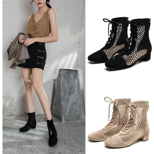 Womens shoes square toe thick with hollow lace-up ankle boots summer cool boots new polka dot low-heeled boots