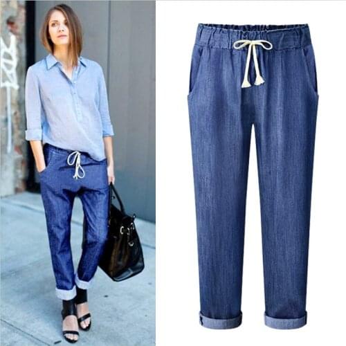 2021 new spring suummer woman long jeans fashion casual drawstring ankle lehgth pants black blue trousers loose