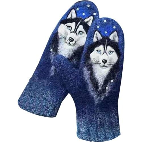 Women Faux Cashmere Gloves Floral Wolf Animal 3D Print Thermal Warm Mittens U90E